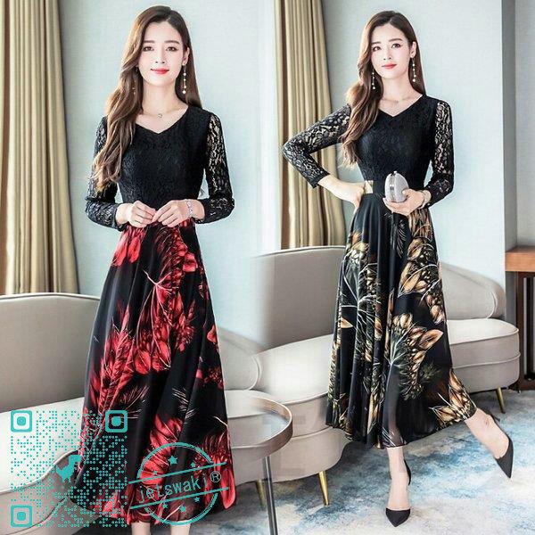 レディース ロングワンピース レデイース 長袖 ワンピース ｖネック レース切り替え 花柄スカート Aラインワンピース 上品 おしゃれ ママコーデ 30代 40代 秋 大きな取引