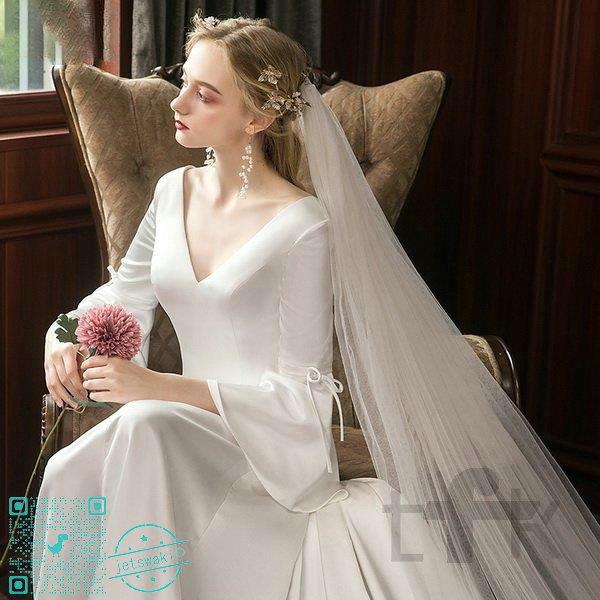 ウェディングドレス ウェディングドレス白 パーティードレス 長袖 V襟