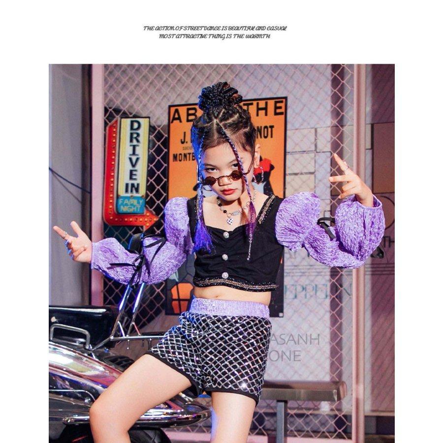 キッズ ダンス衣装 ガールズ ヒップホップ ジャズダンス 韓国 チアガール 応援団 黒 紫 花の袖 ラティス ショーツ セット アップチア へそ出し｜jewel-fasion｜14