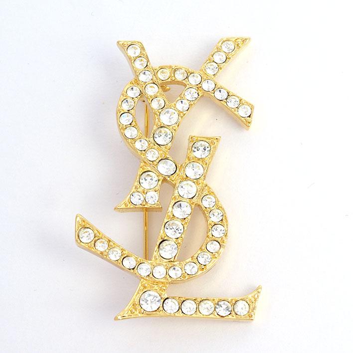 極美品✨イヴサンローラン ブローチ YSL ラインストーン ゴールド金具 SAINT LAURENT 【返品OK】イヴ サンローラン YSL ラインストーン