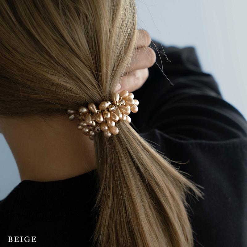 ジャラジャラヘアゴム  ブラック/ピンクベージュ Jewel VOX ヘアゴム ヘアアクセ ヘアポニー レディース ビーズ