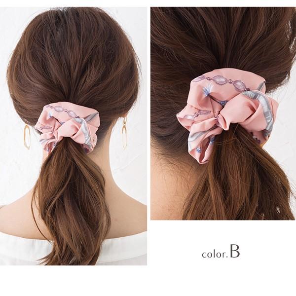 シュシュ ヘアアクセ レディース チェーン スカーフ柄 まとめ髪 ヘア