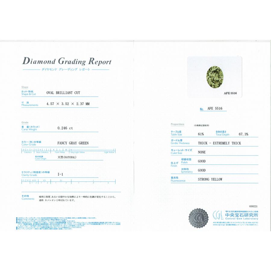 カメレオンダイヤモンド ルース　0.246ct　FANCY GRAY GREEN　I1｜jewelry-converter｜03