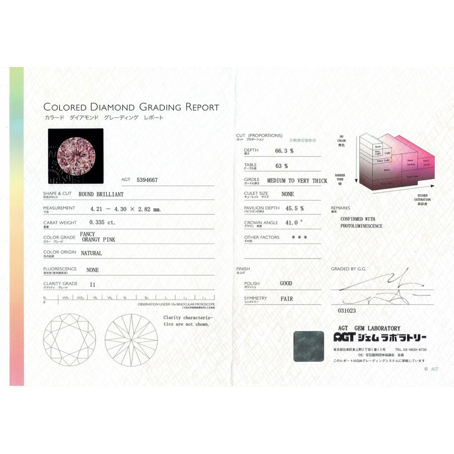ピンクダイヤモンド ルース 0.335ct FANCY ORANGY PINK I1 2a型 