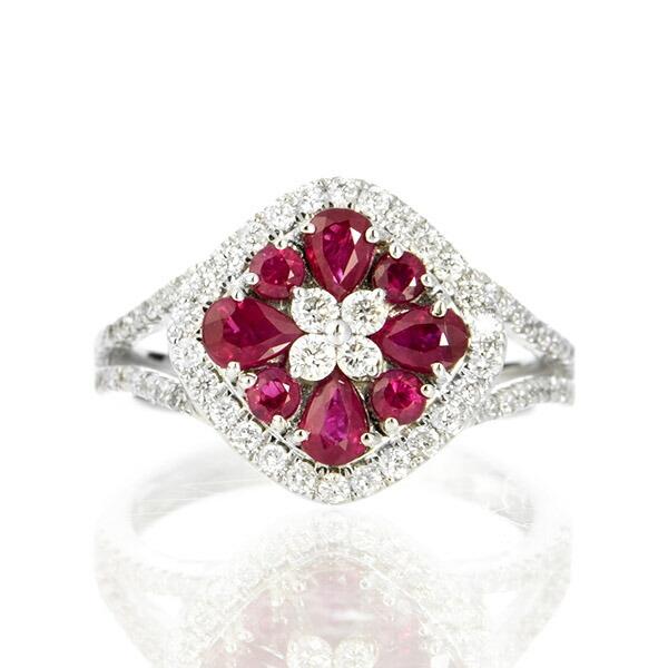 ルビー ダイヤモンド リング K18 ホワイトゴールド フラワー 花 鑑別