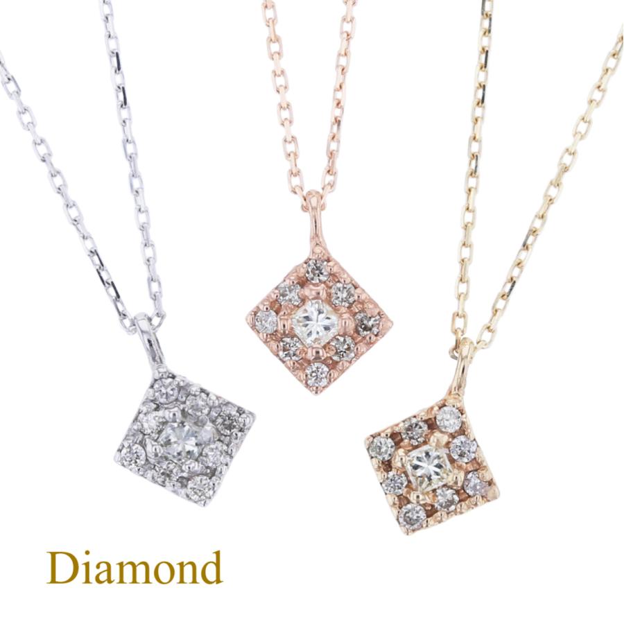 ジュエリーフィガロ K10 YG/PG/WG ダイヤモンド ネックレス スクエア