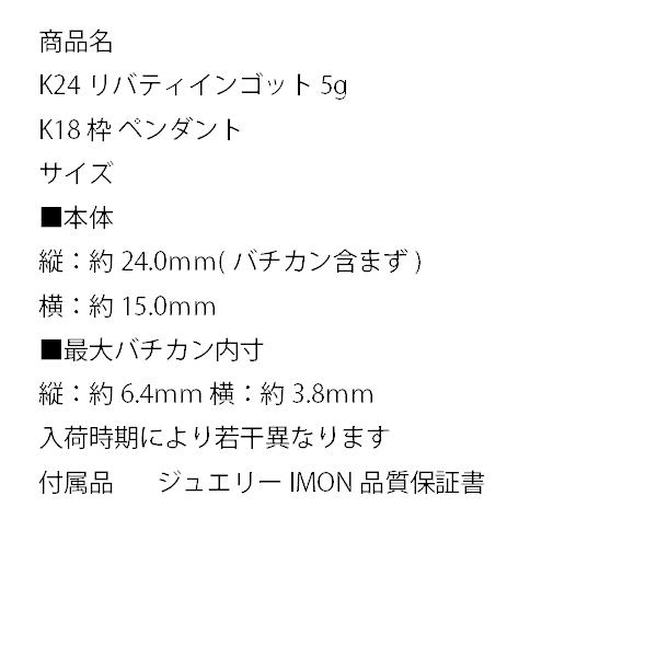 【最終】 「新品」純金 K24 リバティ インゴット 5g K18 枠 ペンダント 【DGJ1571479896】(55692円)