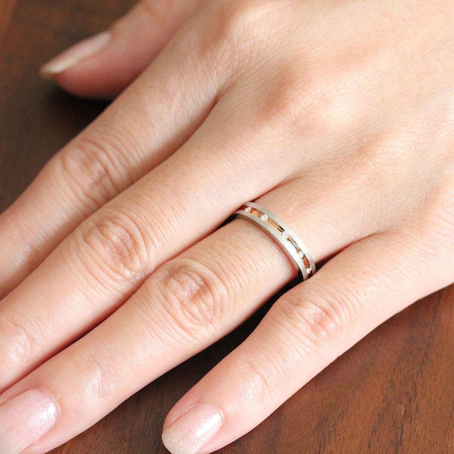 結婚指輪 レディースリング ピンクゴールド プラチナ K18PG PT900  コンビ ダイヤ 0.05ct レール留め 指輪 マリッジリング 爆買の画像