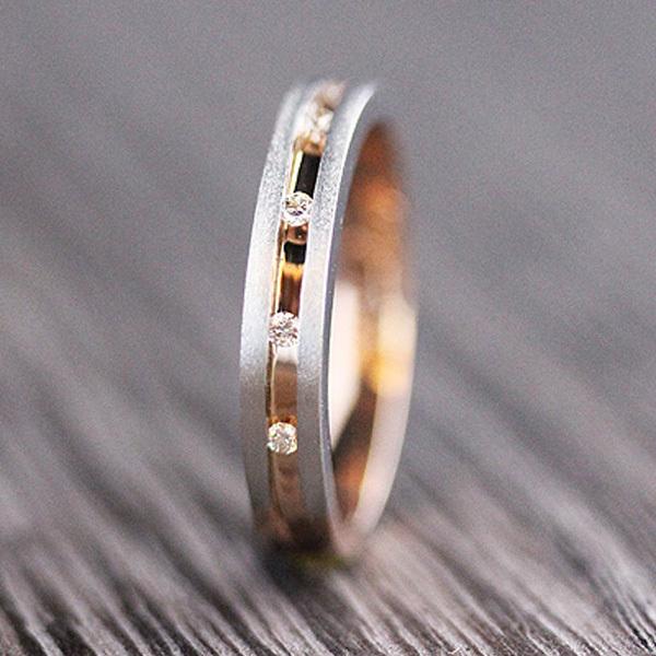 結婚指輪 メンズリング ピンクゴールド プラチナ K18PG PT900  コンビ ダイヤ 0.05ct レール留め 指輪 マリッジリング 爆買の画像