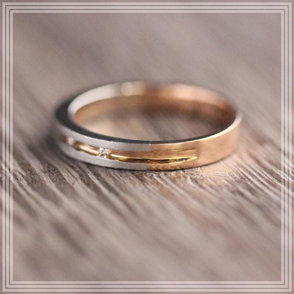 結婚指輪 メンズリング ピンクゴールド プラチナ K18PG PT900  コンビ ダイヤ 0.05ct レール留め 指輪 マリッジリング 爆買の画像