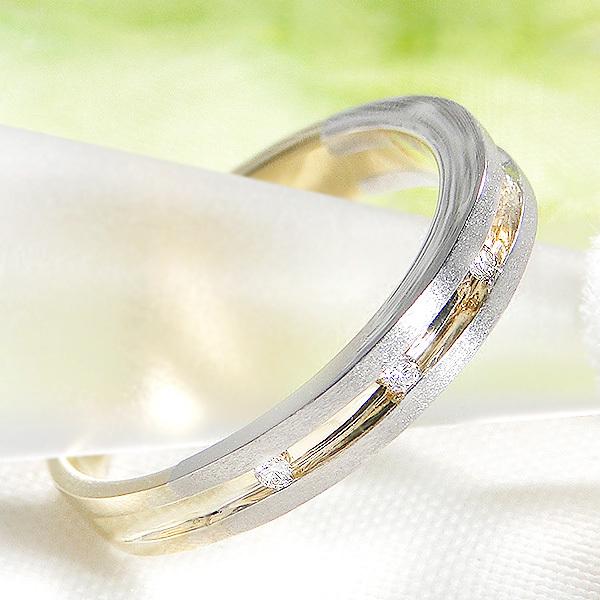 結婚指輪 レディースリング イエローゴールド プラチナ K18YG PT900  コンビ ダイヤ 0.05ct レール留め 指輪 マリッジリング 爆買の画像