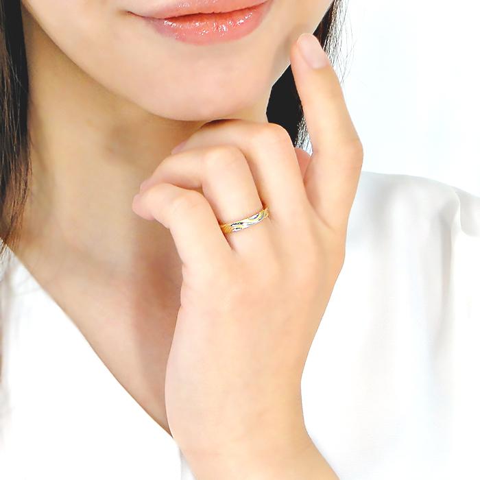 結婚指輪 レディースリング イエローゴールド プラチナ K18YG PT900  木目柄 コンビ 地金 指輪 マリッジリング 爆買の画像