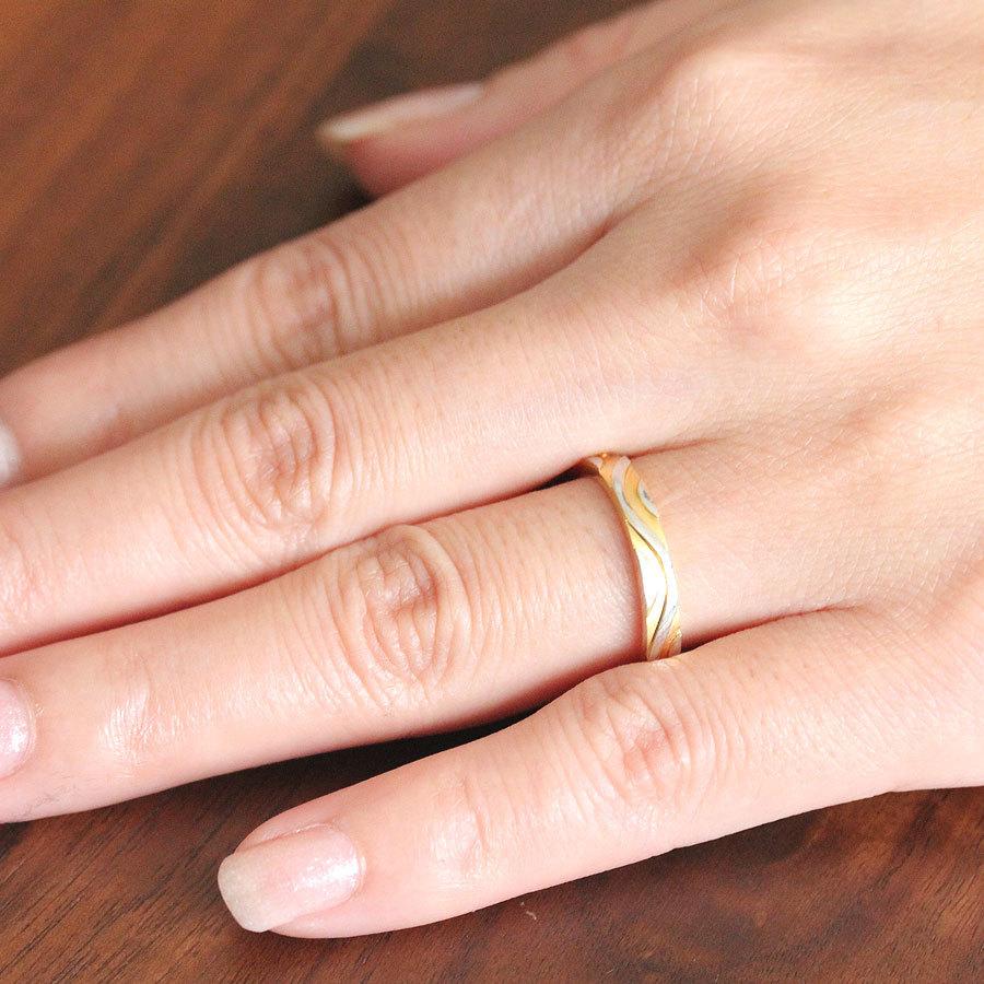 結婚指輪 レディースリング イエローゴールド プラチナ K18YG PT900  木目柄 コンビ 地金 指輪 マリッジリング 爆買の画像