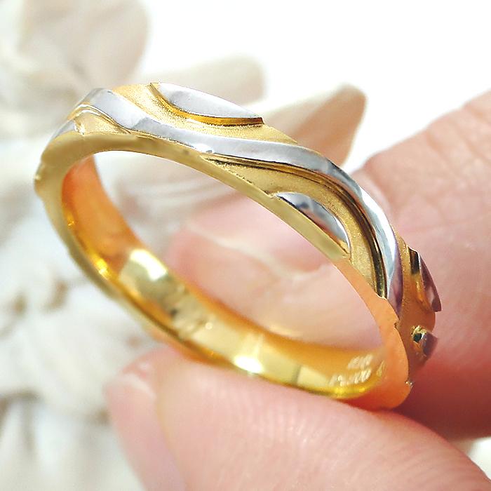 結婚指輪 レディースリング イエローゴールド プラチナ K18YG PT900  木目柄 コンビ 地金 指輪 マリッジリング 爆買の画像