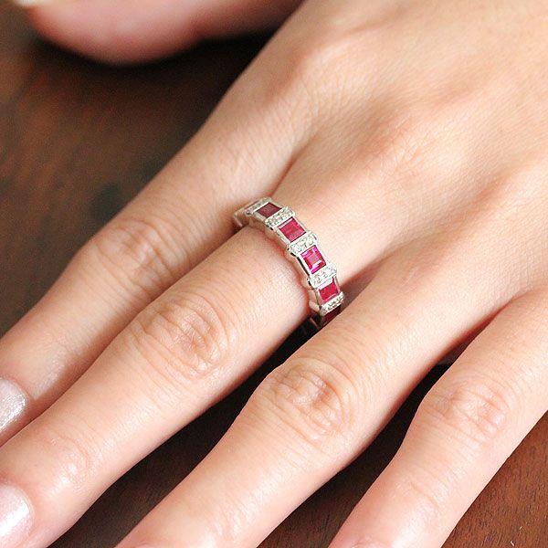 指輪 K18WG ルビー プリンセスカット 1.7ct ダイヤモンド 0.11ct
