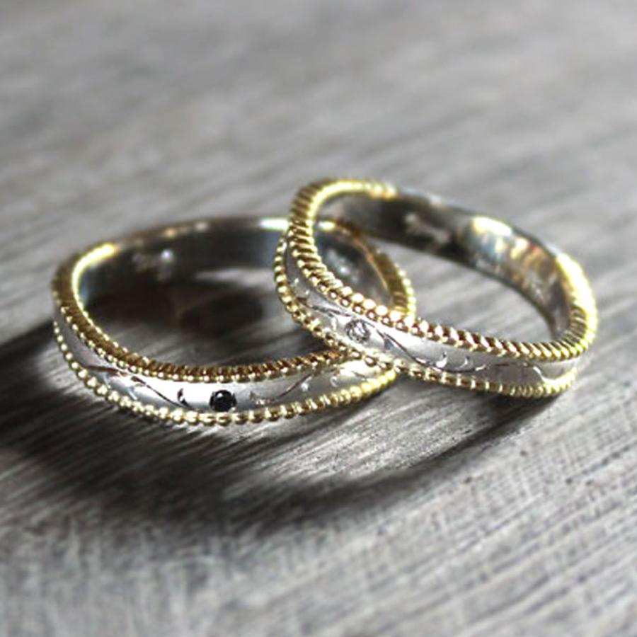 結婚指輪 安い プラチナ PT100 pt10% 18金 イエローゴールド K18YG ペアリング コンビ ダイヤ 0.01ct ミル 彫刻 指輪 マリッジリング 爆買の画像