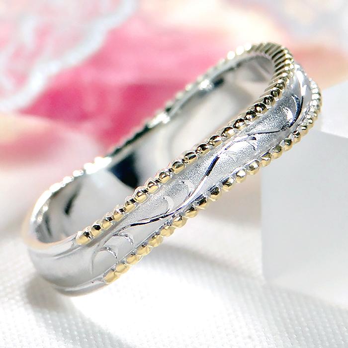 結婚指輪 安い プラチナ PT100 pt10% 18金 イエローゴールド K18YG ペアリング コンビ ダイヤ 0.01ct ミル 彫刻 指輪 マリッジリング 爆買の画像