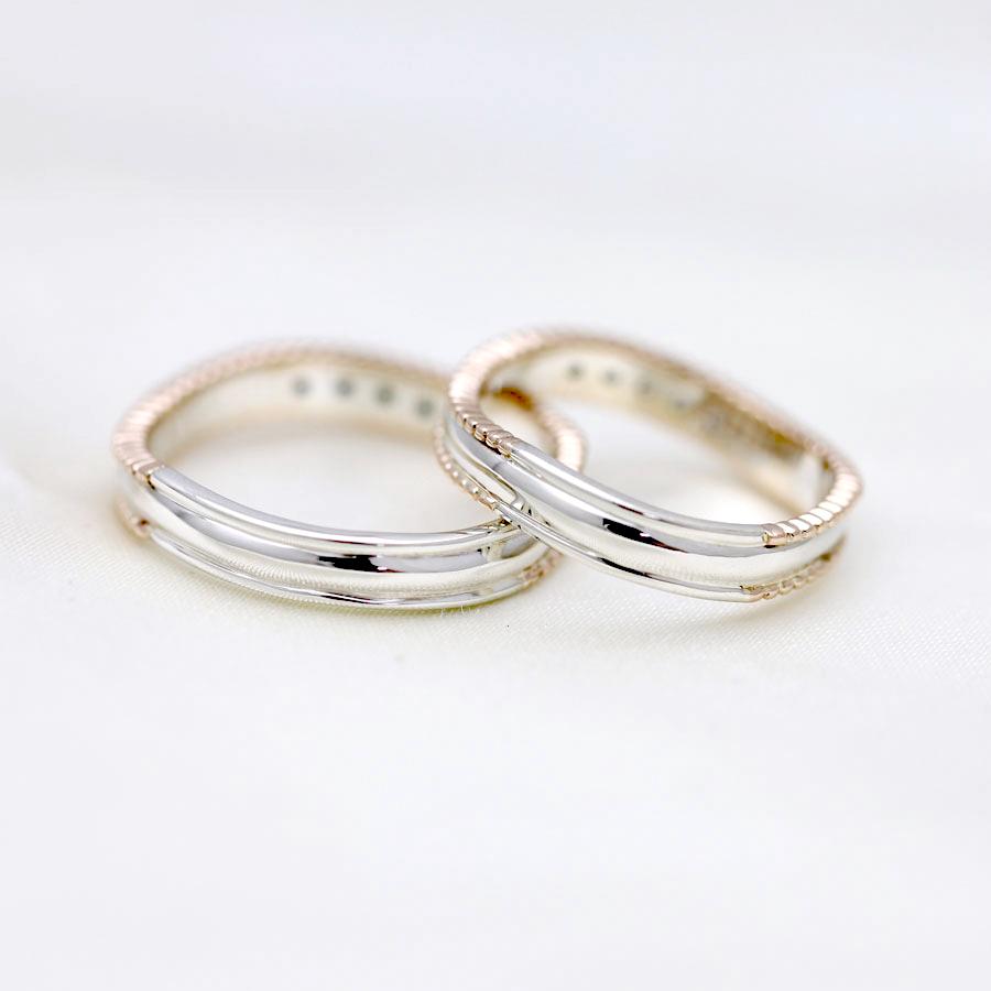 結婚指輪 安い ペアリング プラチナ ピンクゴールド PT100 pt10% K18PG コンビ 選べるダイヤ 0.05ct ミル 指輪 マリッジリング 爆買の画像