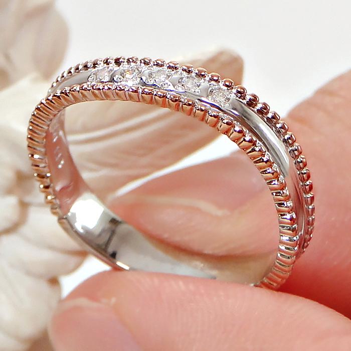 結婚指輪 レディース 単品 シンプル  PT900  K18PG コンビ ダイヤ 0.05ct プラチナ ピンクゴールド 指輪 マリッジリング ミル アンティーク プレゼント 爆買の画像