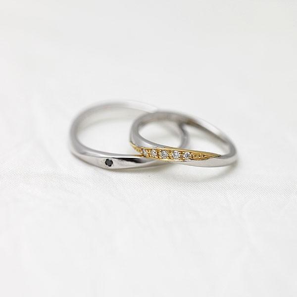 結婚指輪 プラチナ ペアリング PT900  イエローゴールド K18PG コンビ ダイヤ 0.05ct ブラックダイヤ 0.01ct指輪 爆買の画像