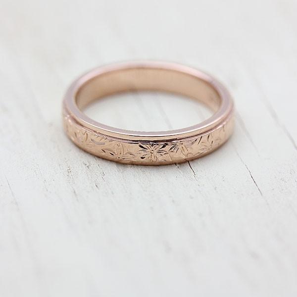 ハワイアンジュエリー ピンクゴールド K18PG 刻印無料 結婚指輪 マリッジリング メンズ 桜 手彫り彫刻 指輪 ブライダルアクセサリー