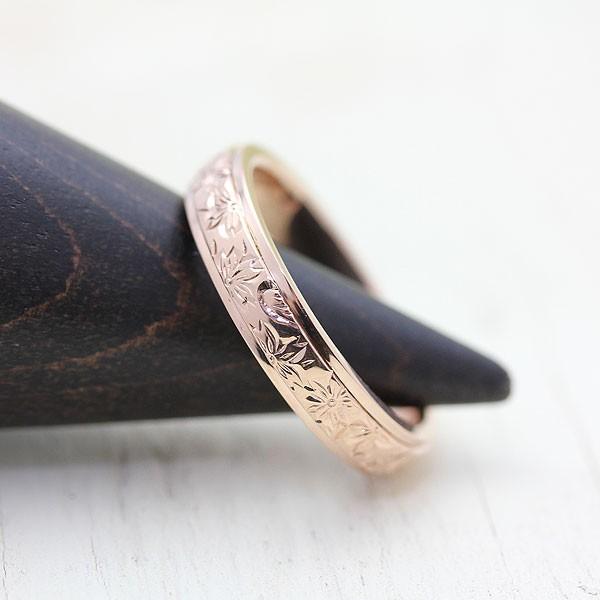 ハワイアンジュエリー ピンクゴールド K18PG 刻印無料 結婚指輪 マリッジリング メンズ 桜 手彫り彫刻 指輪 ブライダルアクセサリー