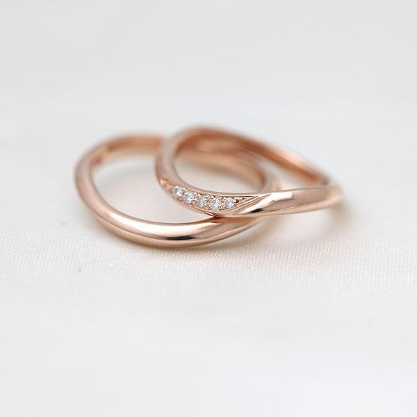 結婚指輪 ピンクゴールド ペアリング K10PG ダイヤ 0.05ct ウェーブ S字 ライン 指輪 マリッジリング シンプル 爆買の画像