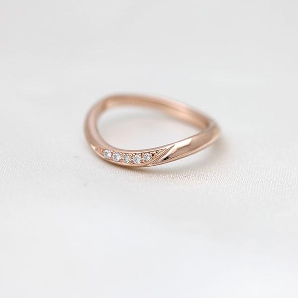 結婚指輪 ピンクゴールド K18PG レディース 単品 ダイヤ 0.05ct ウェーブ S字 ライン 指輪 マリッジリング シンプル 爆買の画像