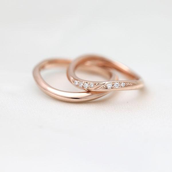 結婚指輪 ピンクゴールド ペアリング K10PG ダイヤ 0.07ct ウェーブ S字 ライン 指輪 マリッジリング シンプル 爆買の画像