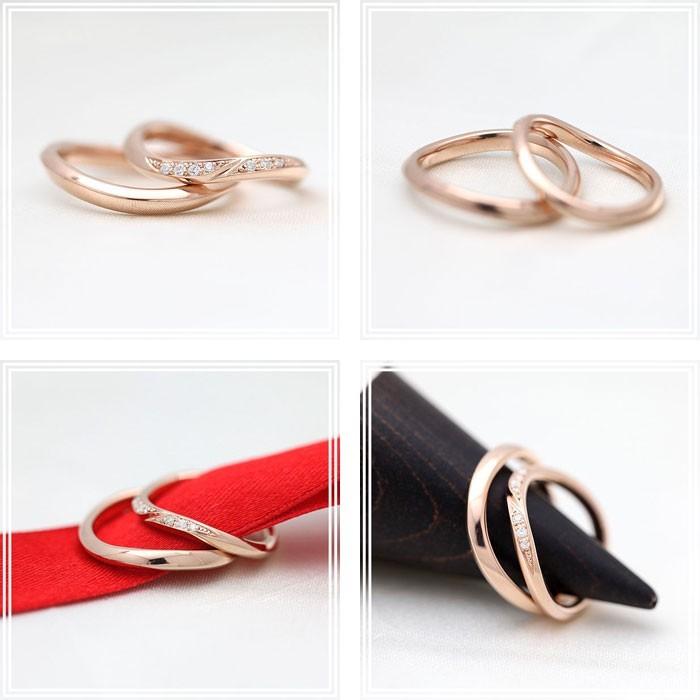 結婚指輪 ピンクゴールド ペアリング K10PG ダイヤ 0.07ct ウェーブ S字 ライン 指輪 マリッジリング シンプル 爆買の画像