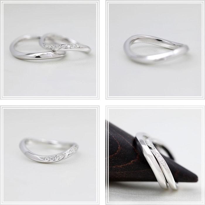 結婚指輪 ホワイトゴールド ペアリング K10WG ダイヤ 0.07ct ウェーブ S字 ライン 指輪 マリッジリング シンプル 爆買の画像
