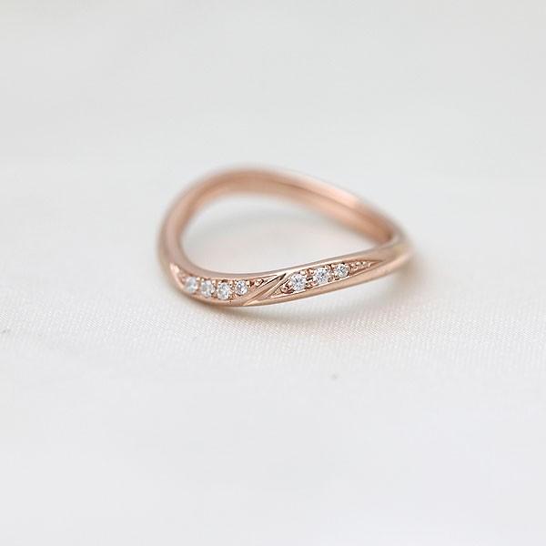 結婚指輪 ピンクゴールド K18PG レディース 単品 ダイヤ 0.07ct ウェーブ S字 ライン 指輪 マリッジリング シンプル 爆買の画像