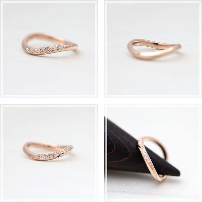 結婚指輪 ピンクゴールド K18PG レディース 単品 ダイヤ 0.07ct ウェーブ S字 ライン 指輪 マリッジリング シンプル 爆買の画像