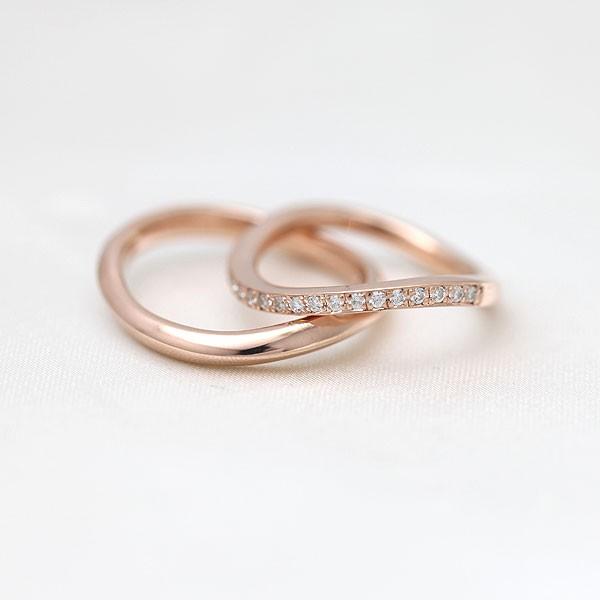結婚指輪 ピンクゴールド ペアリング K10PG ダイヤ 0.18ct ウェーブ S字 細身 華奢 シンプル 爆買の画像