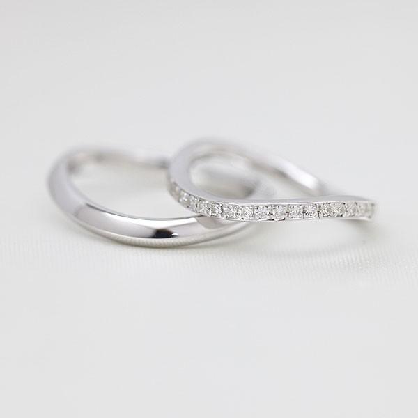 結婚指輪 安い プラチナ ペアリング PT100 pt10% ダイヤ 0.18ct ハーフエタニティ ウェーブ S字 細身 華奢 指輪 マリッジリング 爆買の画像
