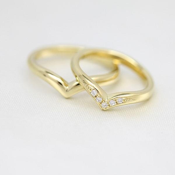 結婚指輪 ゴールド ペアリング K10YG ダイヤ 0.05ct V字 指輪 マリッジリング シンプル 爆買の画像
