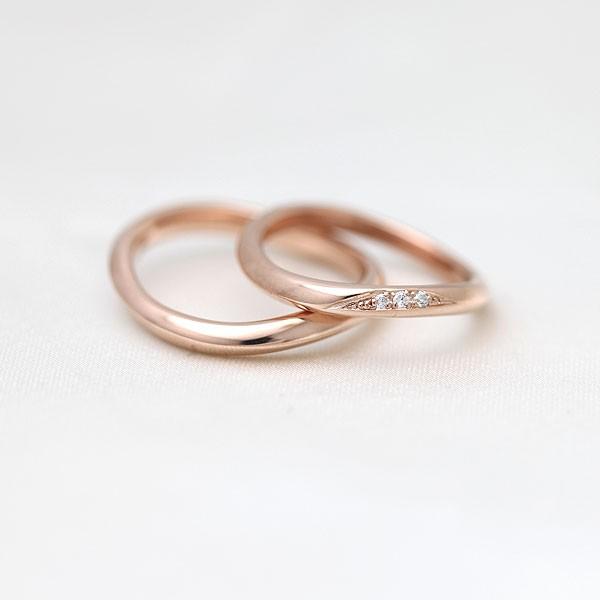 結婚指輪 ピンクゴールド ペアリング K10PG ダイヤ 0.03ct ウェーブ S字 ハーフライン 指輪 マリッジリング 爆買の画像