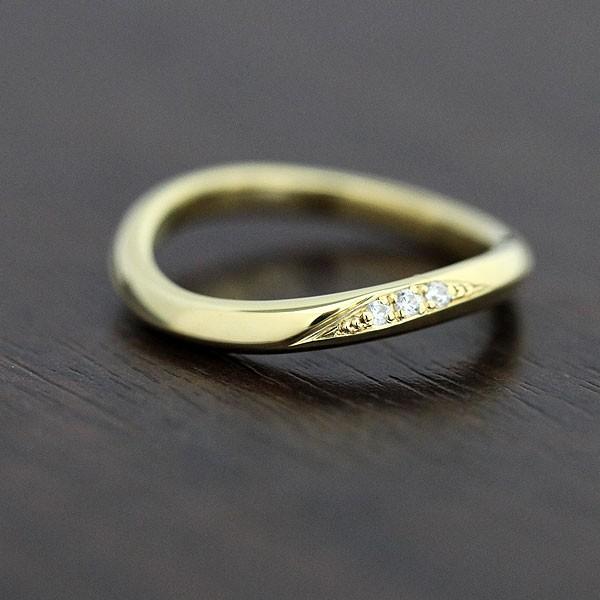 結婚指輪 ゴールド K10YG レディース 単品 ダイヤ 0.03ct ウェーブ S字 ハーフライン 指輪 シンプル