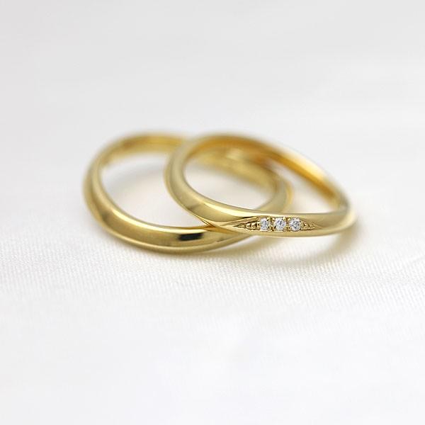結婚指輪 ゴールド ペアリング K10YG ダイヤ 0.03ct ウェーブ S字 ハーフライン 指輪 マリッジリング 爆買の画像