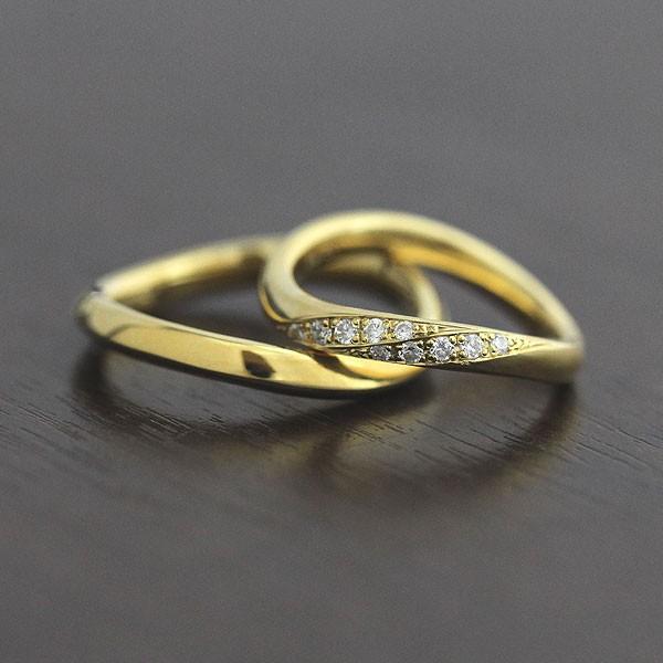 結婚指輪 ゴールド ペアリング K18YG ダイヤ 0.10ct ウェーブ S字 2列 指輪 マリッジリング 爆買