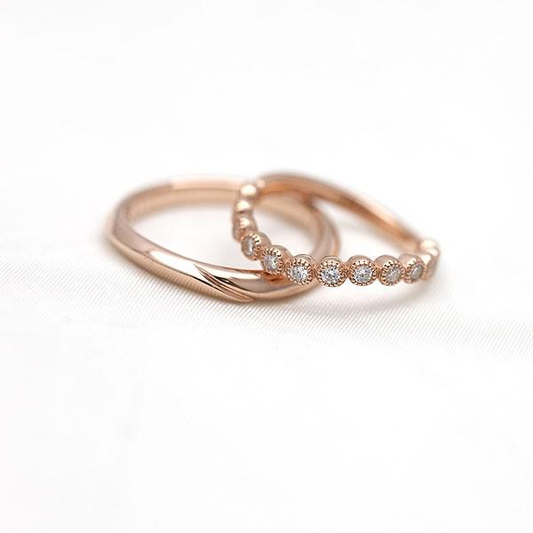 結婚指輪 ペアリング ピンクゴールド K10PG ダイヤ 0.26ct ウェーブ S字 ミル ラウンド 指輪 マリッジリング 爆買の画像
