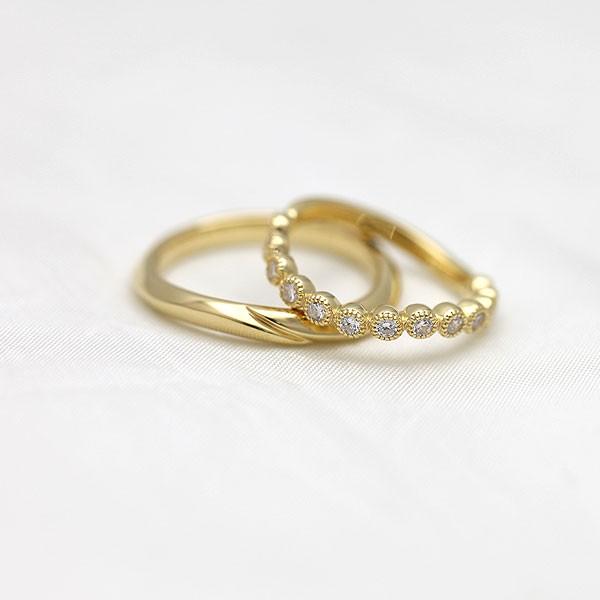 結婚指輪 ペアリング ゴールド K10YG ダイヤ 0.26ct ウェーブ S字 ミル ラウンド 指輪 マリッジリング 爆買の画像