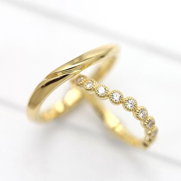 結婚指輪 マリッジリング ペアリング ゴールド K18YG ダイヤ 0.26ct ウェーブ S字 ミル ラウンド 指輪