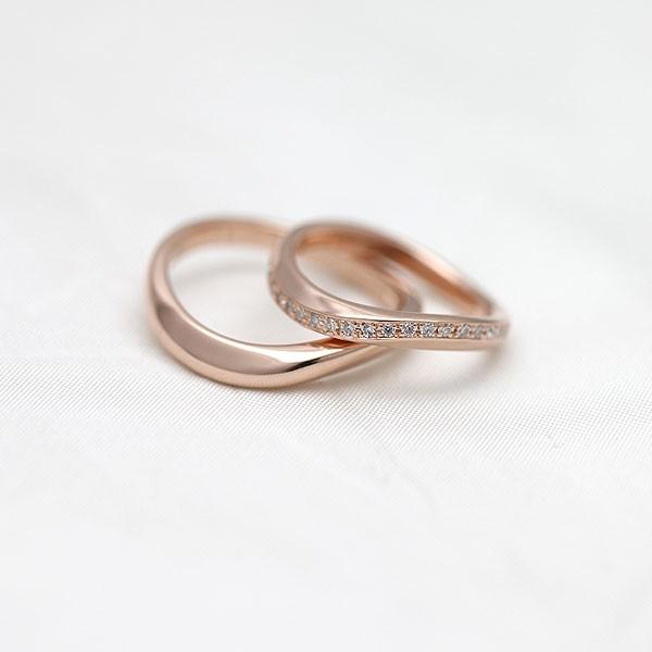 結婚指輪 ペアリング ピンクゴールド K10PG ダイヤ 0.10ct ウェーブ S字  指輪 マリッジリング 爆買の画像