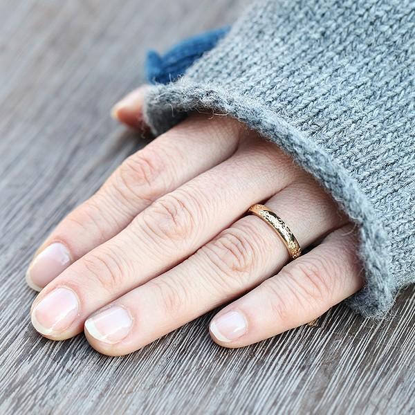 K18YG ハンドカット ストレートリング 【新品未使用】 結婚指輪 ペアリング ゴールド K18YG 手彫り彫刻 桜 ダイヤ 0.03ct