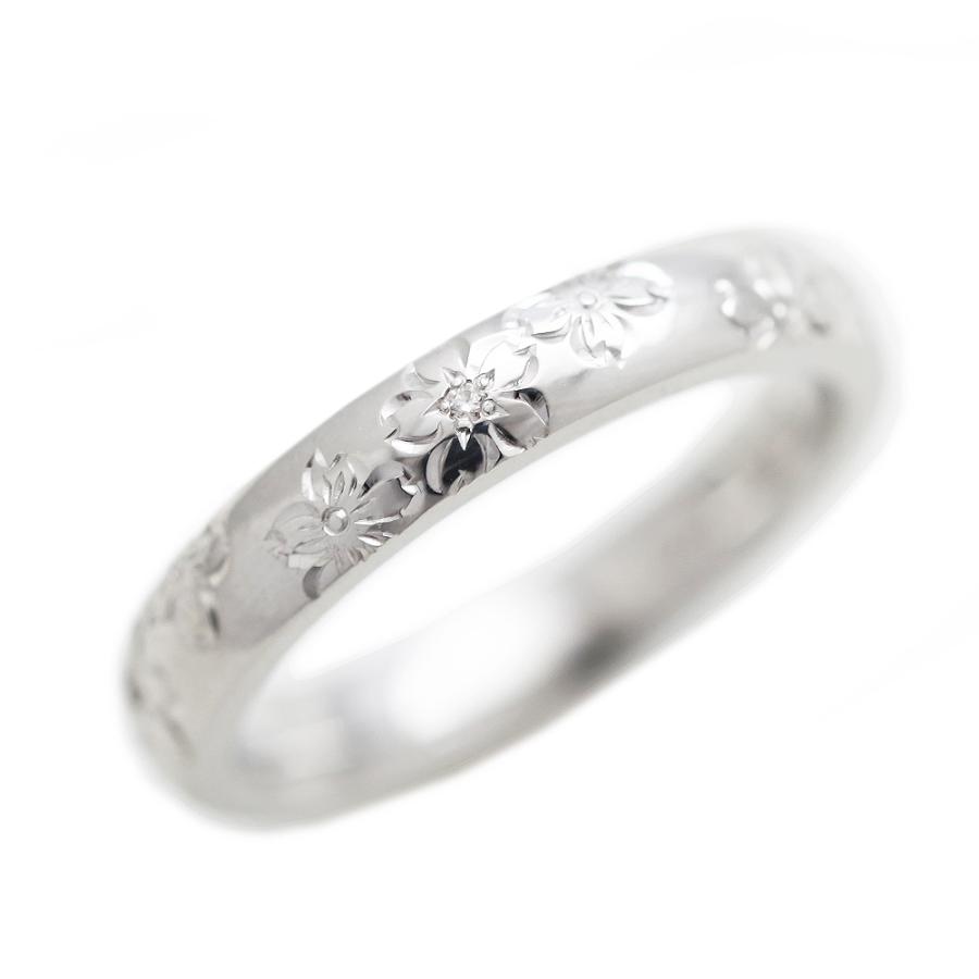 結婚指輪 プラチナ PT900 手彫り彫刻 桜 レディース 単品 ダイヤ 0.03