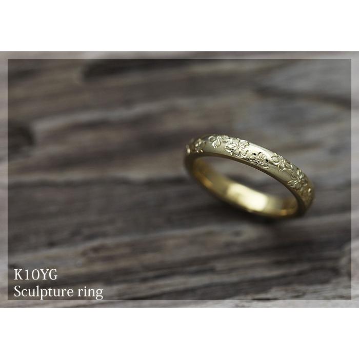結婚指輪 ゴールド メンズ K10YG 刻印無料 手彫り彫刻 桜 さくら メンズリング ゴールド 10金 爆買の画像