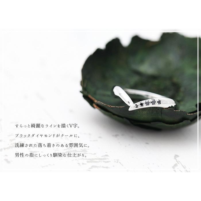 結婚指輪 ホワイトゴールド メンズ K18WG 刻印無料 V字 片側留め ブラックダイヤ0.07ct 指輪 マリッジリング 18金 爆買の画像