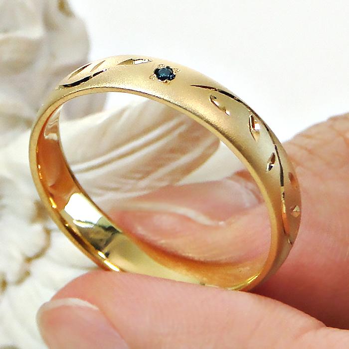 指輪 メンズリング K18YG イエローゴールド ブルーダイヤ 0.03ct つや消し マット 彫刻 オリーブ モチーフ リーフ 葉っぱ 18金 爆買の画像