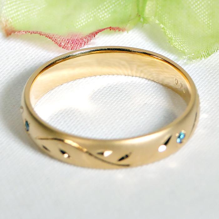 指輪 メンズリング K18YG イエローゴールド ブルーダイヤ 0.03ct つや消し マット 彫刻 オリーブ モチーフ リーフ 葉っぱ 18金 爆買の画像